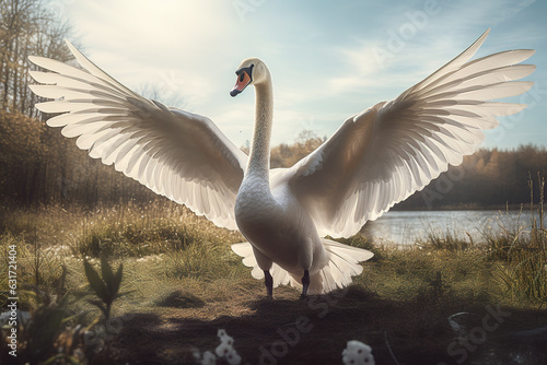 Image of white swan spreads its wings gracefully in a meadow in a marshy forest. Wildlife Animals. Illustration, Generative AI. © yod67