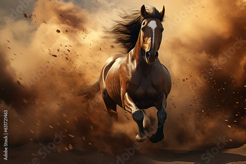 Image of horse running in the middle of the desert in a violent sandstorm. Wildlife Animals. Generative AI. Illustration.