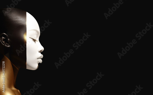 Beauty portrait fashion girl. Beauty girl face close up. black, white, gold, Closeup African American woman with copy space. Generative AI