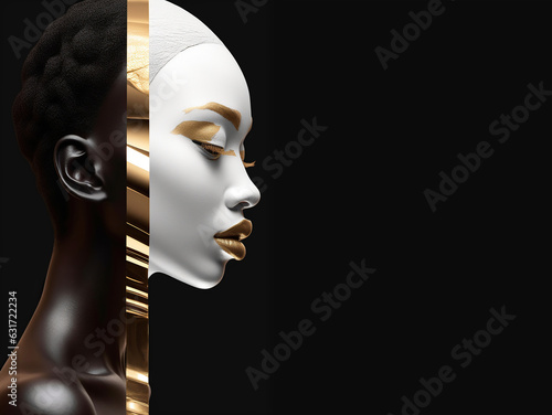 Beauty portrait fashion girl. Beauty girl face close up. black, white, gold, Closeup African American woman with copy space. Generative AI