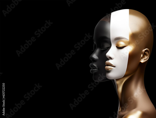 Beauty portrait fashion girl. Beauty girl face close up. black, white, gold, Closeup African American woman with copy space. Generative AI