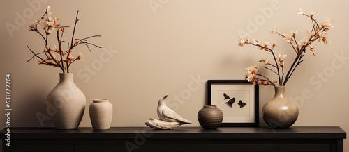 The minimalistic interior design has a stylish composition with a black commode, a vase containing dried flowers, a sculpture, and personal accessories. The beige wall serves as a backdrop for this