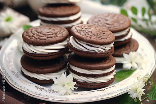 Traditional chocolate cookies with cream filling, aesthetic look