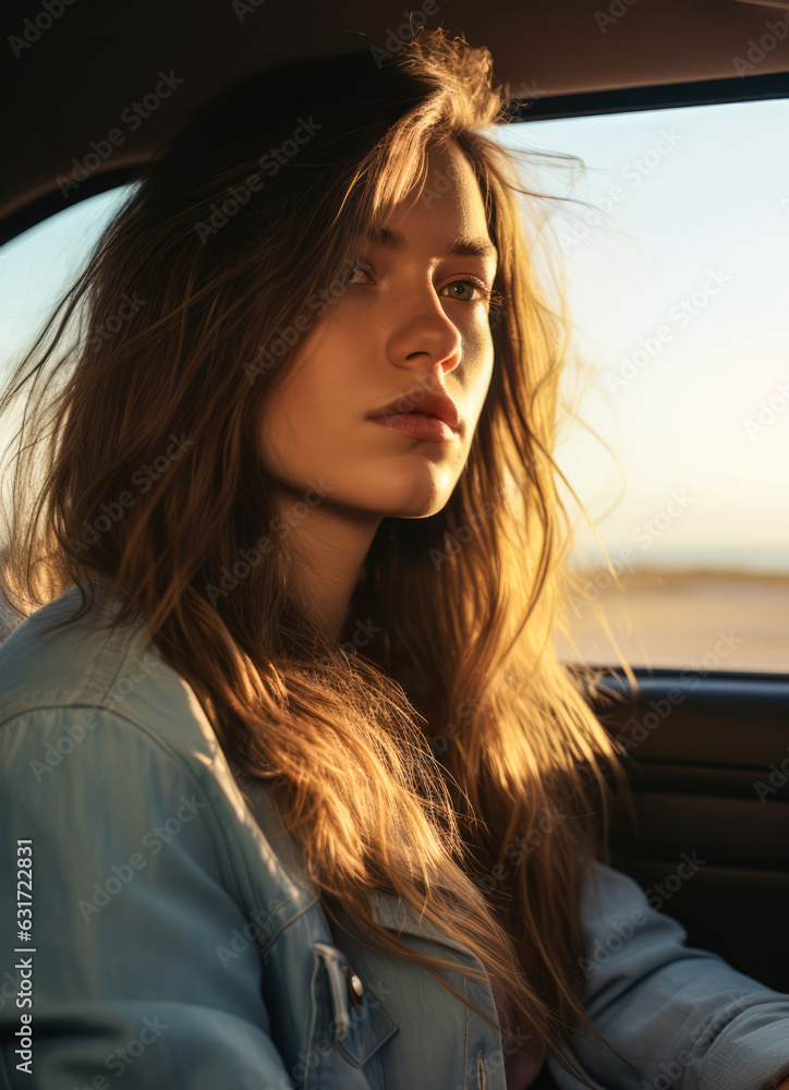 Close up of a beautiful young woman in her car at sunset. Generative AI. Close up of a beautiful young woman in her car at sunset. Generative AI.