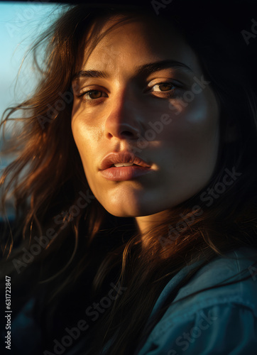 Close up of a beautiful young woman in her car at sunset. Generative AI.
