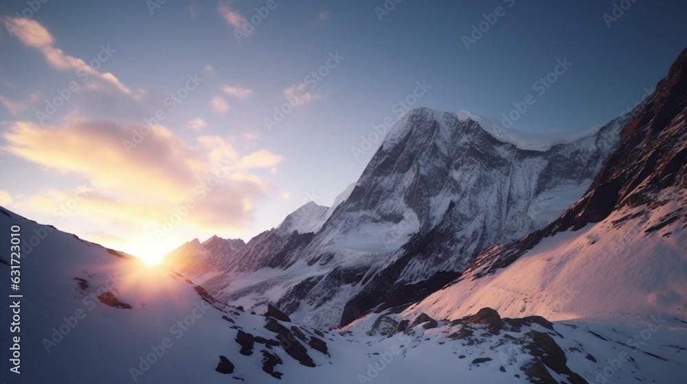 Immersive Alpine Landscape Snow-Capped Peaks in Golden Hour