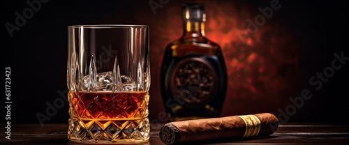 Cigar, whiskey glass, and bottle in a luxury club.
