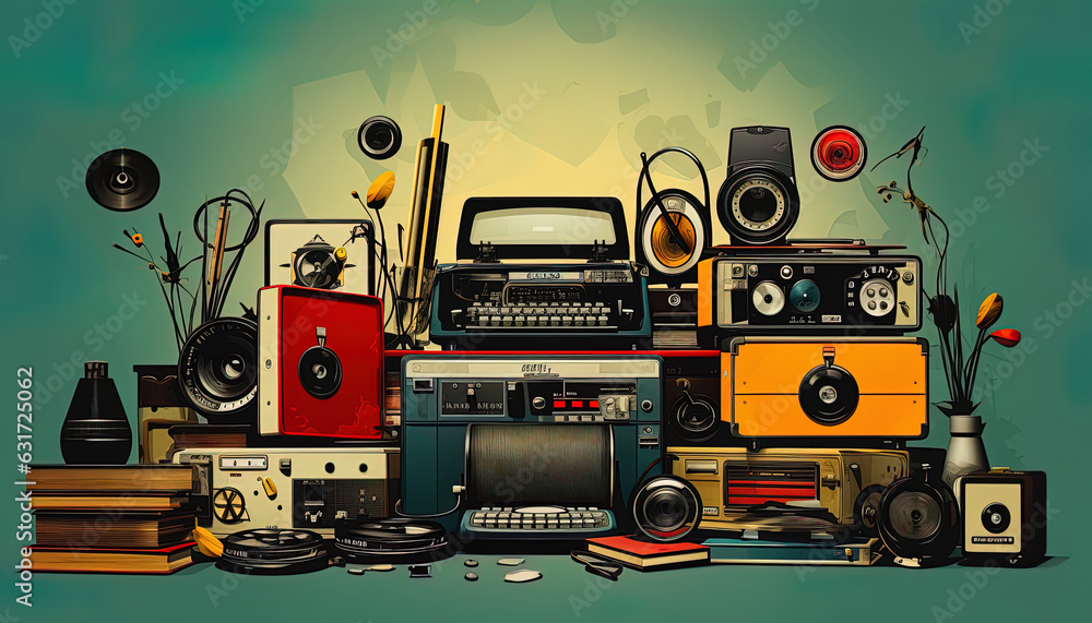 Fototapeta premium Illustration of a retro composition featuring a mix of vintage media devices