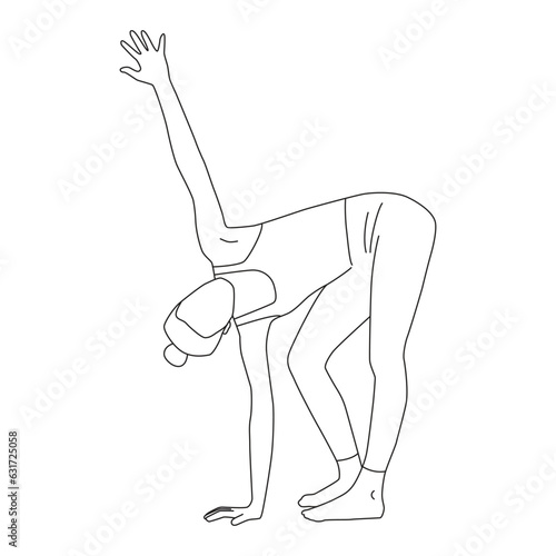 Line art of woman workout by placing the right hand on the ground left arm up in the air