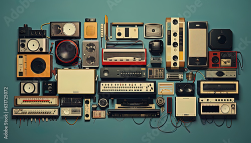 Illustration of a retro composition featuring a mix of vintage media devices photo