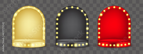 Bulb light podium with gold arch for makeup beauty display product. Arc stage in black and red. Advertising cosmetic or fashion marquee isolated vector showcase. Vintage lamp sparkle and glow.