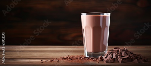 Delicious chocolate milk presented on a wooden table. available space for text. photo