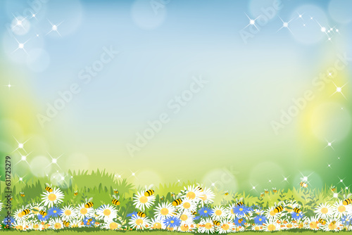 Spring field and wild flowers with family bee flying, Lovely card with sun shine,Summer background with blurry bokeh light effect. Template banner for Spring, Summer or Easter concept
