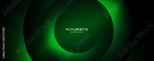 3D green techno abstract background overlap layer on dark space with glowing circle lines decoration. Modern graphic design element future style concept for banner, flyer, card, or brochure cover