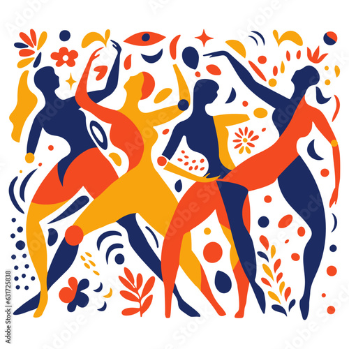 Various abstract people are dancing, background with various elements and figures.
