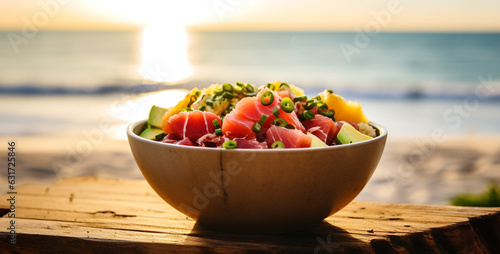 poke bowl loaded with avocado pineapple and red. Generative Ai content