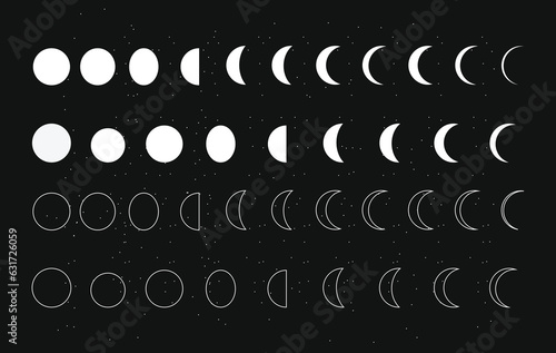 Vector illustration of moon shapes on a dark background, filled in white and outlined