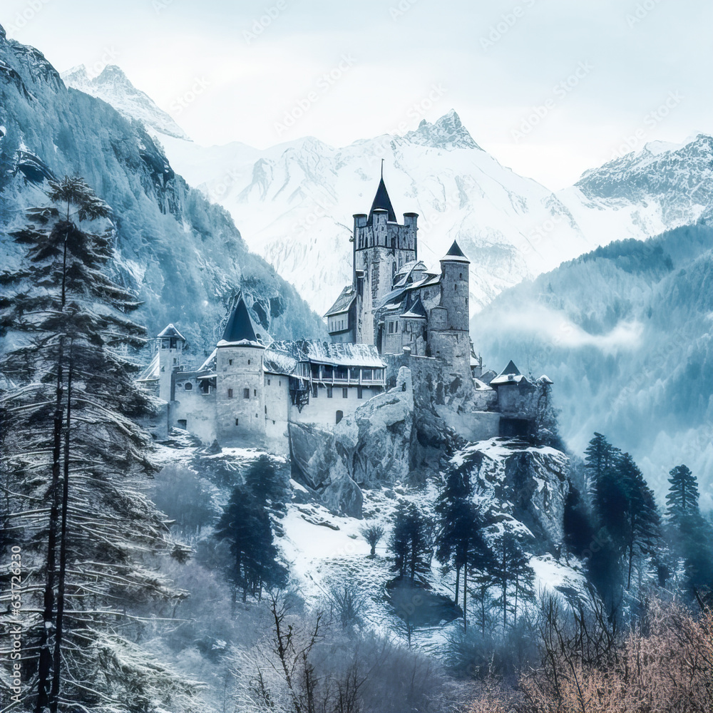 Ancient castle, on the background of alpine rocks, high towers with sharp spiers, among snowy trees, white and gray-blue tones - obrazy, fototapety, plakaty 