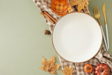 Fall-themed table setup idea. Top view photo of plate, cutlery, glass, tablecloth, autumnal decorations on olive background with empty frame for promo or text