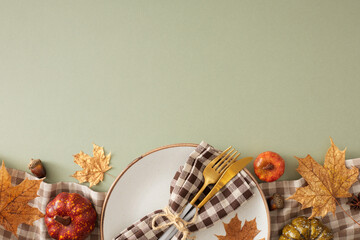 Gorgeous fall table arrangement.Top view photo of plate, cutlery, checkered napkin, tablecloth, raw pumpkins, maple leaves on olive background with empty space for promo or text