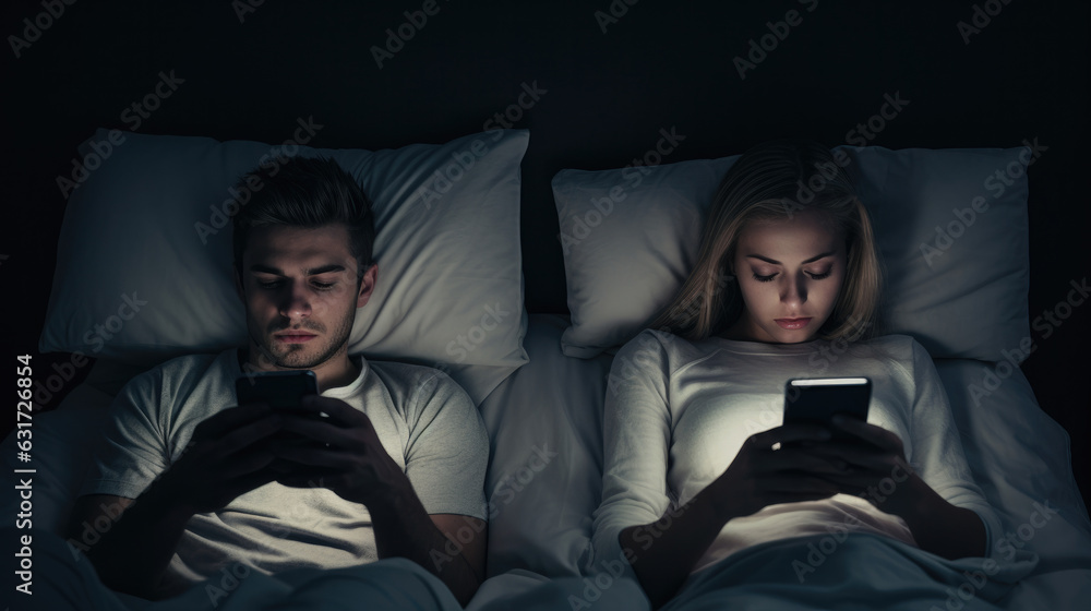 Couple Couple with smartphones in their bed. Mobile phone addiction. Bored distant couple ignoring each other lying in bed at night while using mobile phones. - obrazy, fototapety, plakaty 