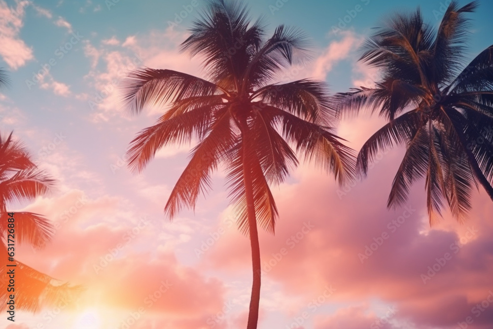 Tropical palm tree with sun light on sunset sky and cloud abstract background, aesthetic look