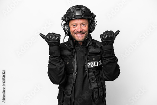 Middle age SWAT man isolated on white background with thumbs up gesture and smiling