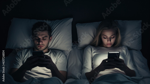 Couple Couple with smartphones in their bed. Mobile phone addiction. Bored distant couple ignoring each other lying in bed at night while using mobile phones.