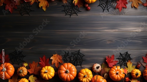 Halloween background on a light wooden table  Halloween pumpkins  maple leaves  autumn mood  cobwebs. Top view with copy space.