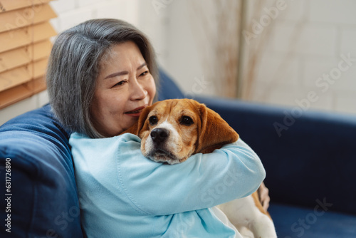 Happy asian senior woman retirement enjoying her dog pet in the home, Friendship pet and human lifestyle concept.