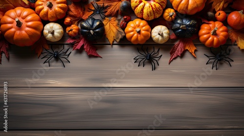 Halloween background on a light wooden table, Halloween pumpkins, maple leaves, autumn mood, cobwebs. Top view with copy space.