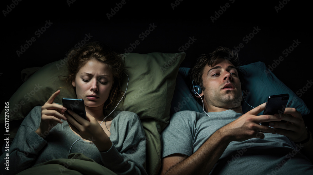 Fototapeta premium Couple Couple with smartphones in their bed. Mobile phone addiction. Bored distant couple ignoring each other lying in bed at night while using mobile phones.