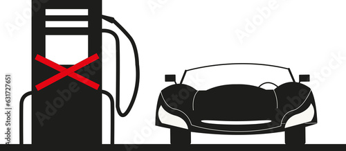 Panneau silhouettes pompe en manque de carburant et voiture décapotable 