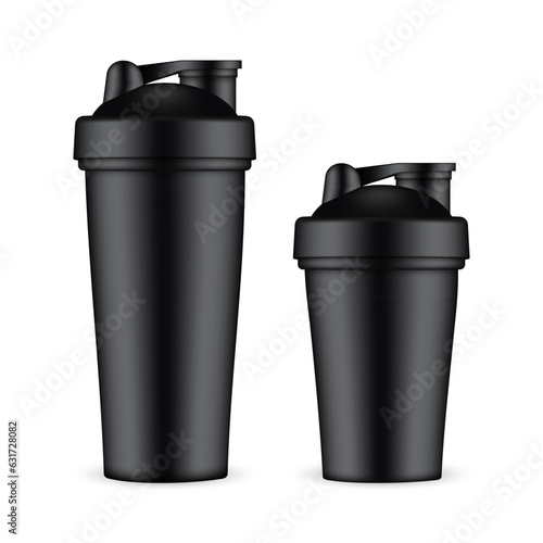 Two Black Shaker Bottle Mockups, Small and Big, Isolated on White Background. Vector Illustration
