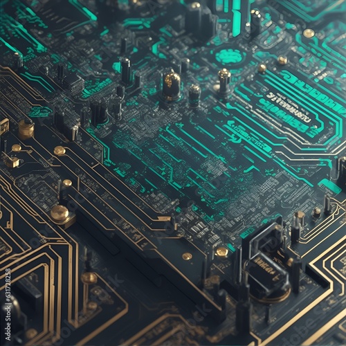 A circuit board background featuring intricate patterns of electronic components and metallic traces, exuding a futuristic and technological vibe, perfect for showcasing tech-related content