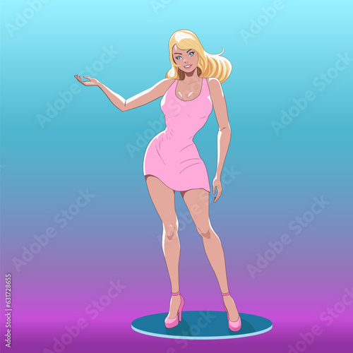 A young blonde woman in a pink dress and high heels