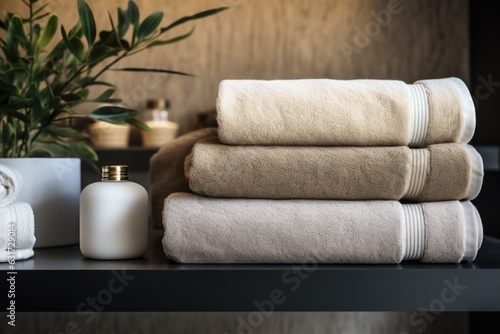 Shelf with towels at hotel spa.