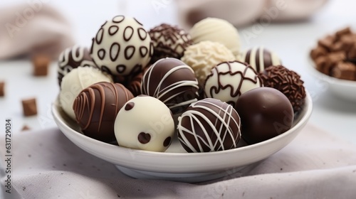 Dark, milk and white chocolate candies / pralines / truffles, assorted on wooden table. Dessert for Valentine's Day.