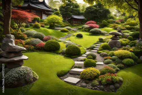 japanese garden with stone and flowers © zooriii arts