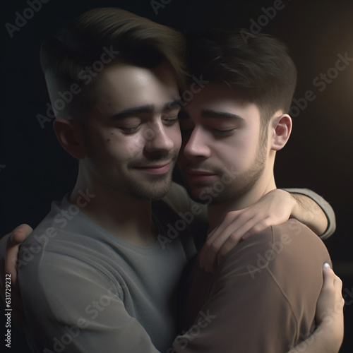 Two Young Men Hugging Tightly