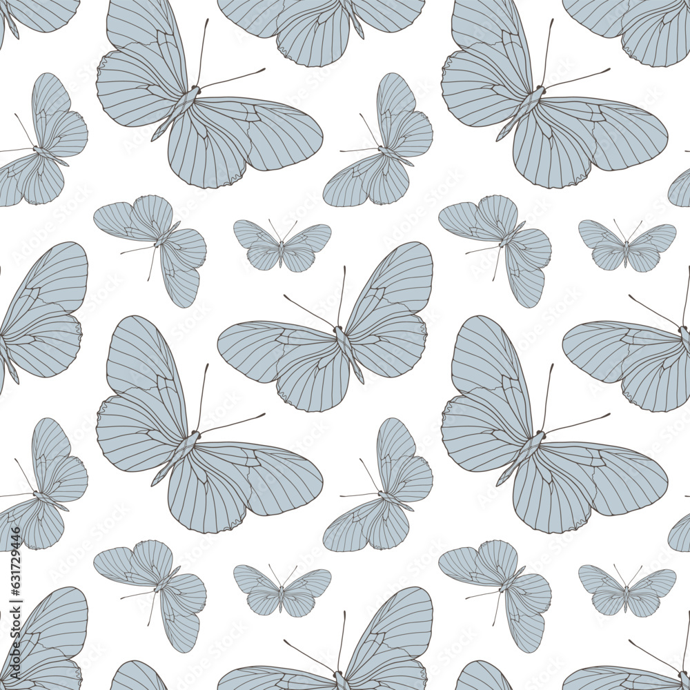 Seamless pattern with blue butterflies on a white background. Pattern for children's and women's textiles, covers, backgrounds, wallpapers and cards
