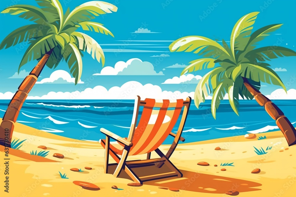 Beach chair on the sand with palm trees, illustration.