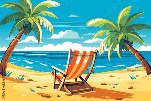 Beach chair on the sand with palm trees, illustration.