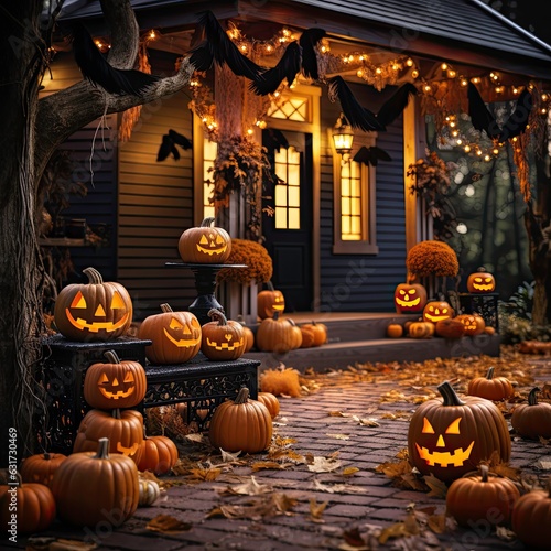 Halloween porch decorated with halloween pumpkins and other decorations, jack lantern, halloween concept.