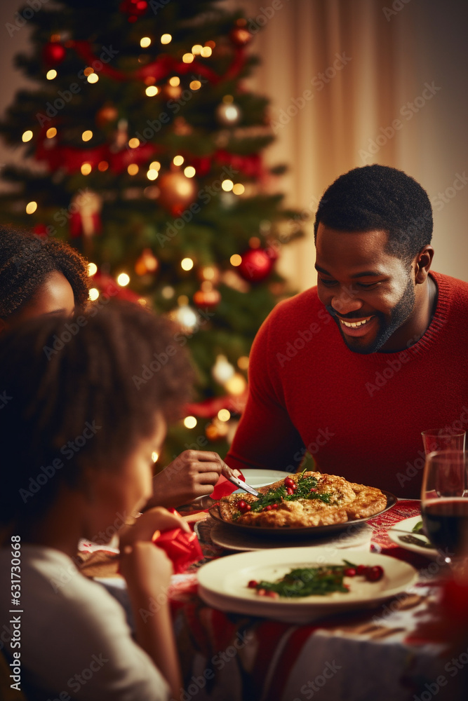 Happy family eating festive Christmas dinner with kids at home, Christmas tree in background. Generative AI