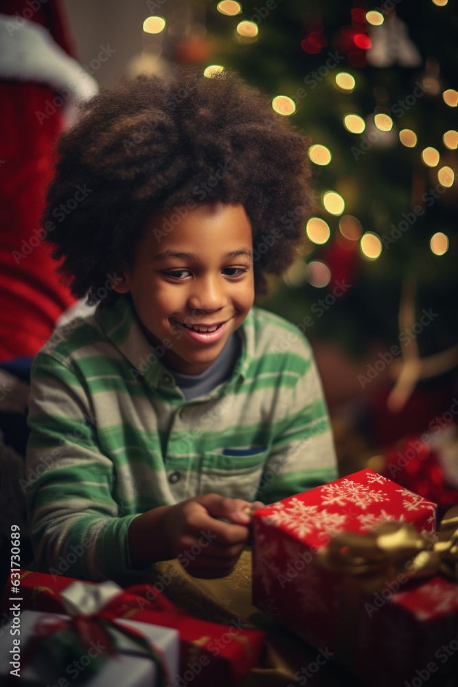 Happy young boy opening Christmas gifts and presents under Christmas tree. Generative AI Happy young boy opening Christmas gifts and presents under Christmas tree. Generative AI