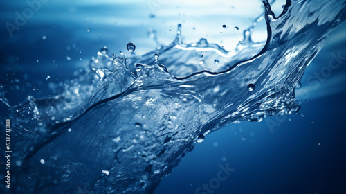 Water surface texture with bubbles and splashes that is defocused blurring transparent blue in color. Trendy abstract background of nature.the ripples of water on a blue background.