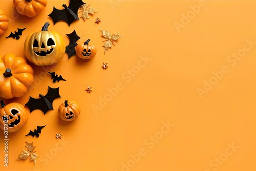 Modern jack o lantern pumpkins, spiders, bats frame flat lay on orange background with place for text. Greeting card of the season. Happy Halloween. Halloween decorations on orange paper.