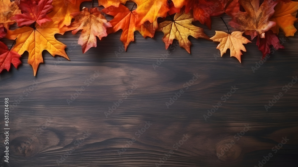 Autumn leaf on empty old wooden dark thanksgiving background. Beautiful red and orange leaves on old grunge wood deck with copy space and top view.