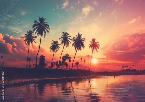 sunset background of palm forest